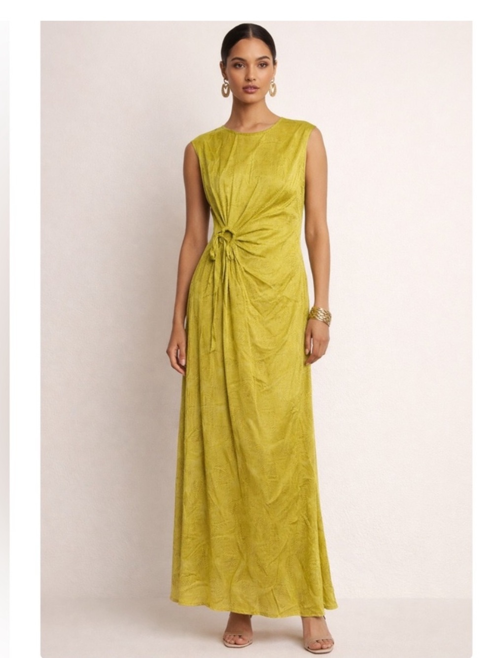 HOUSE OF HARLOW 1960 Satin Side Tie Dress Side Slit Keyhole Maxi Olive Green